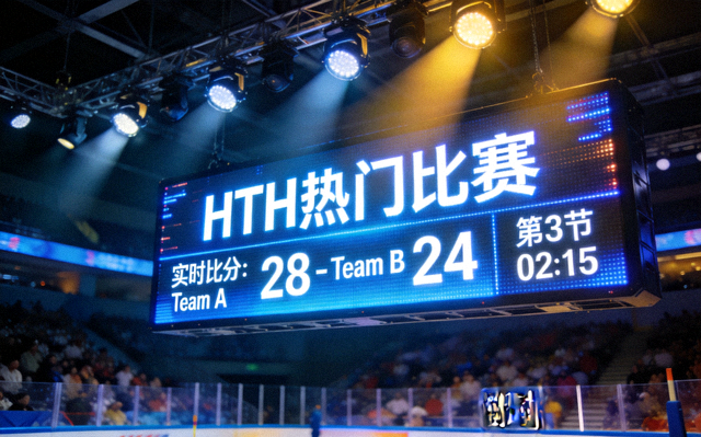 电子记分牌与赛场灯光，体现HTH热门比赛实时比分更新