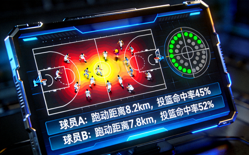 篮球比赛数据分析屏幕：显示球员跑动热力图、投篮命中区域等专业数据