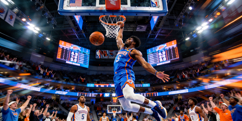 NBA季后赛东西部强强对话：篮球运动员在赛场扣篮的精彩瞬间