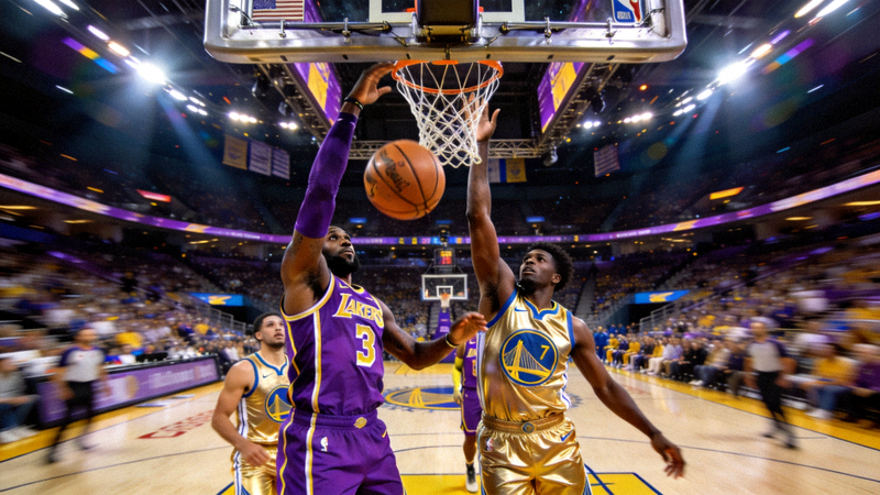 NBA季后赛精彩对决：洛杉矶湖人队与金州勇士队球员在篮球场上篮得分瞬间