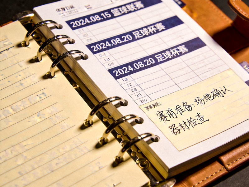 体育赛事日历表与记事本的特写镜头，象征赛程规划
