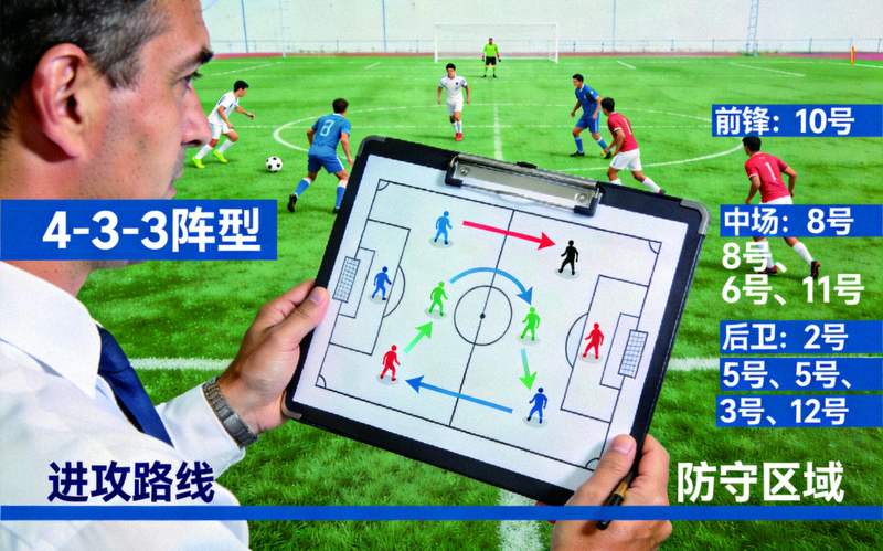 足球比赛战术分析图示：教练在场边用战术板讲解，球员在场上跑位
