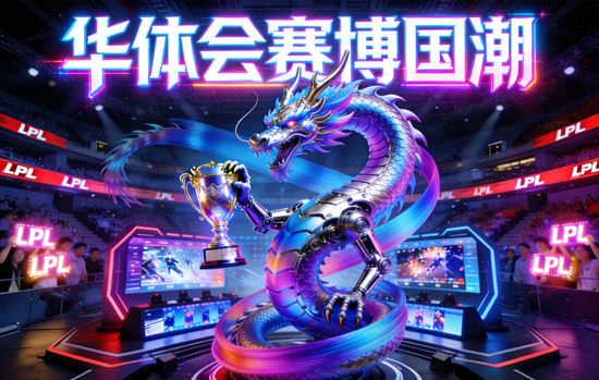 华体会赛博国潮横幅，机械龙与LPL赛场融合的视觉