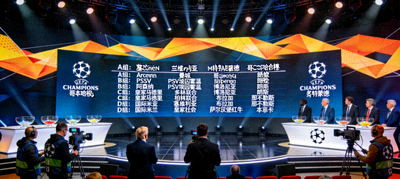 欧冠抽签仪式现场大屏幕显示完整分组结果