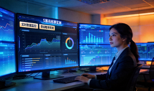 华体会HTH官网数据分析师正在通过多屏幕监控S赛资格赛实时数据与晋级概率模型